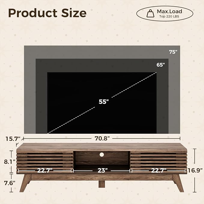 AODK 70.8" TV Stand for 55"/65"/75" TVs, Mid-Century Modern Fluted - Image 3