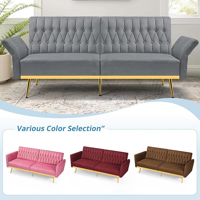 70” Velvet Futon Sofa Bed with 2 Pillows and Adjustable Armrests, Convertible - Image 7