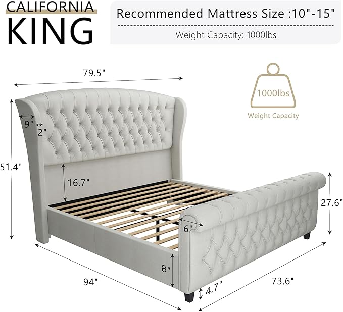 AMERLIFE California King Size Platform Bed Frame, Velvet Upholstered Sleigh Bed - Image 2