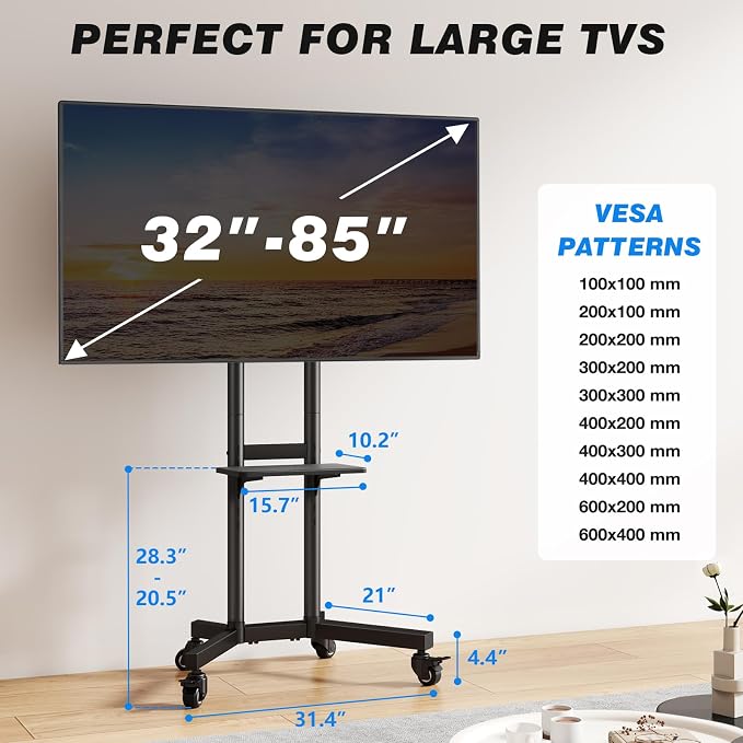 Rolling TV Stand with Shelf for 32-85 inch TVs up to 150lbs, Portable Mobile TV - Image 6