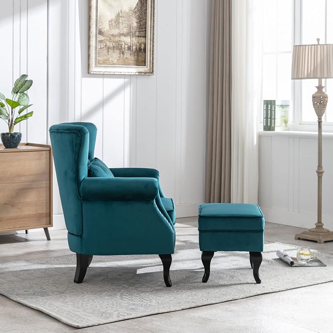 Accent Chairs with Ottoman Set of 2 Velvet Wingback Club Chair Upholstered - Image 5