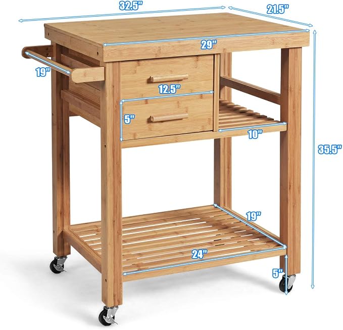 Giantex Kitchen Island, Bamboo Island Cart, Kitchen Trolley Cart on Wheels - Image 3