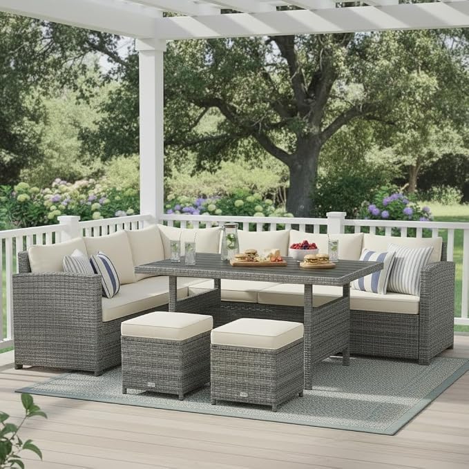 Tangkula 7 Pieces Patio Furniture Set, Outdoor Sectional Rattan Dining Sofa Set - Image 3