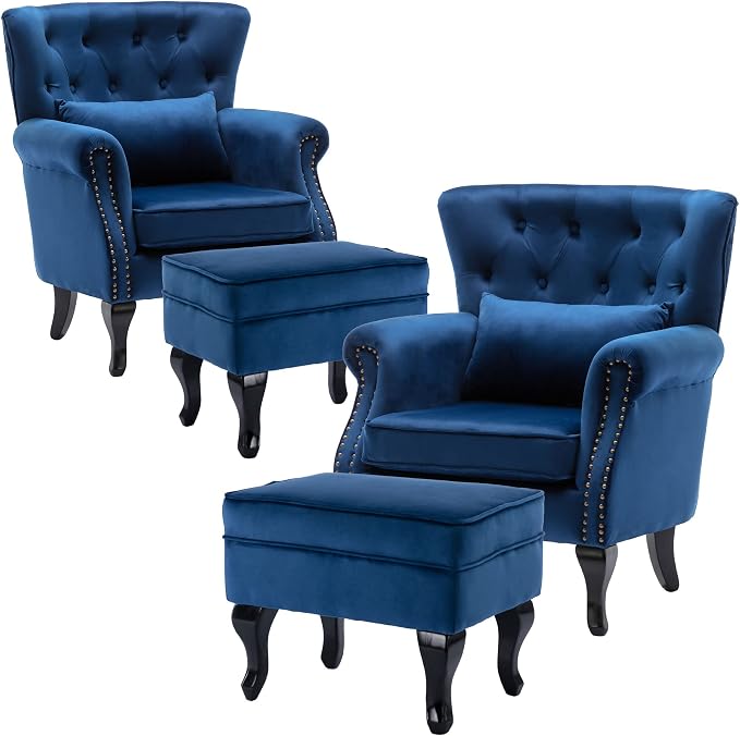 Accent Chairs with Ottoman Set of 2 Velvet Wingback Club Chair Upholstered by DMFurniture