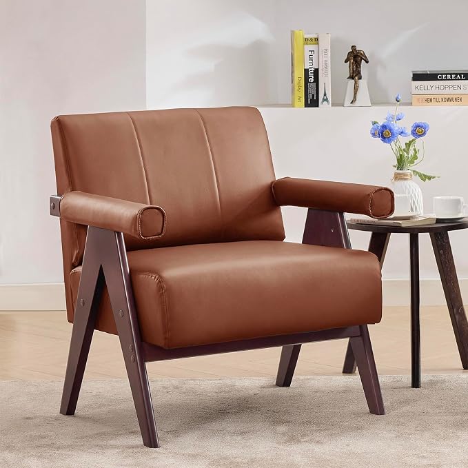 STHOUYN Brown Leather Accent Chairs, Mid Century Modern Chair, Side Arm Chairs by STHOUYN