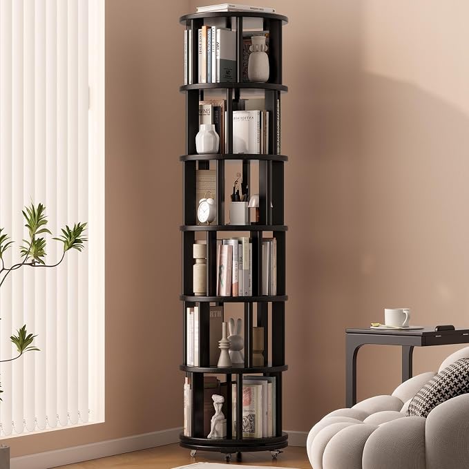 Muwuele Solid Wood Rotating Bookshelf on Wheels, 6 Tier, Round Revolving by Muwuele