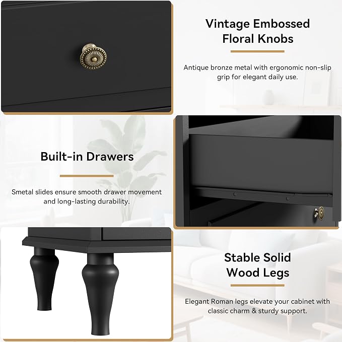 Black Dresser for Bedroom with 5 Drawers, Vintage Tall Dresser with Smooth - Image 4