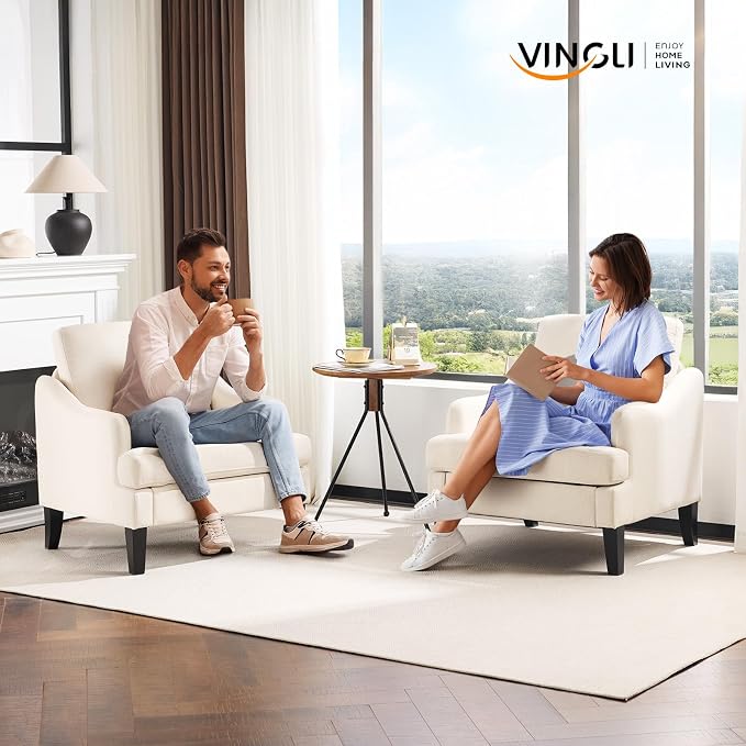 VINGLI Linen Fabric Accent Chairs Set of 2, Comfy Sofa Chair Living Room - Image 9