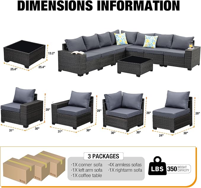 JOYURE 8 Pieces Patio Furniture Set All-Weather Outdoor Wicker Sectional - Image 2