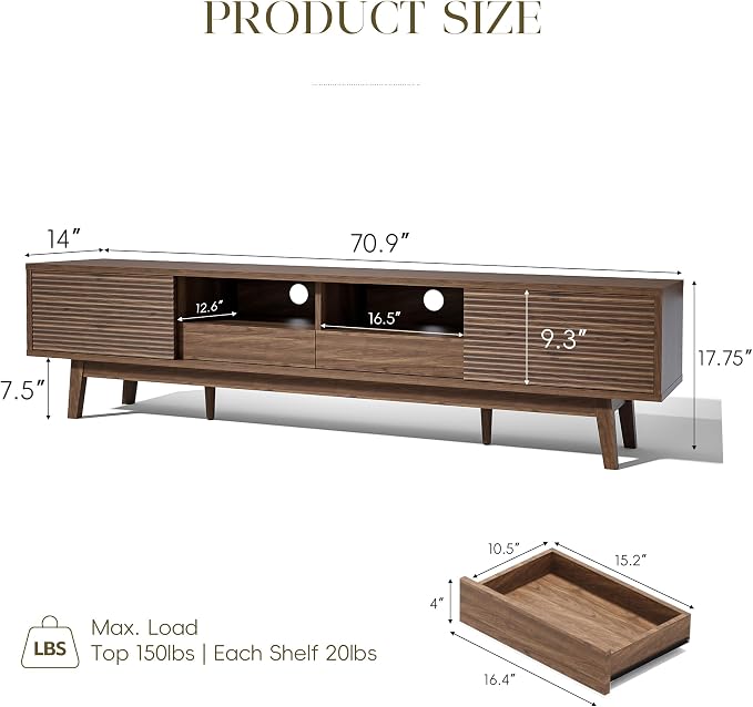 MU 70 Inch TV Stand for TVs up to 80 Inch, Mid Century Modern TV Console - Image 2