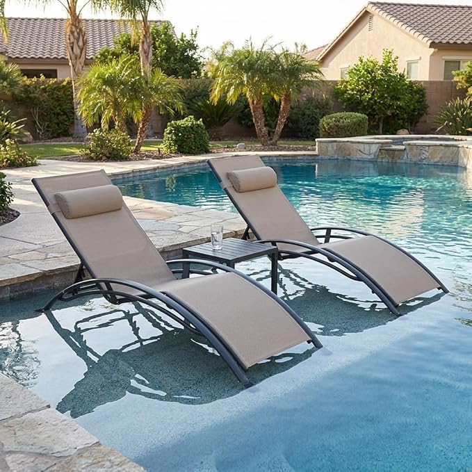 PURPLE LEAF Patio Chaise Lounge Set of 3 Outdoor Lounge Chair Beach Pool by PURPLELEAF