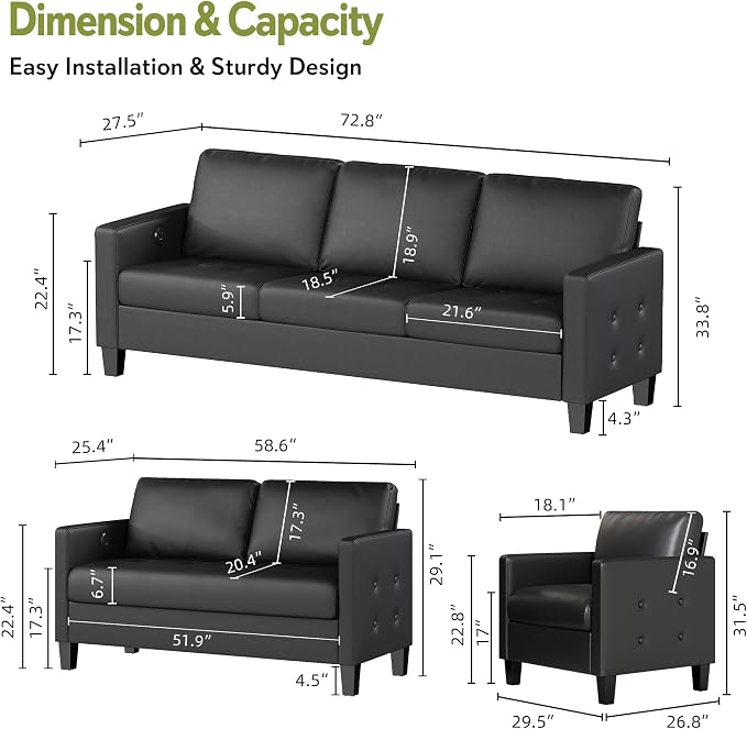 STHOUYN Black Faux Leather 3 Seater Sofa, Loveseat and Accent Chair, Modern - Image 2