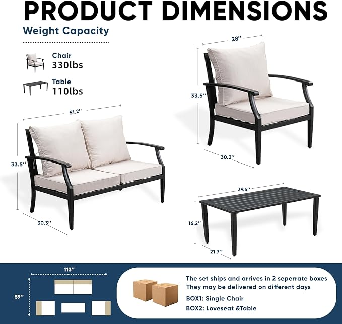4 Piece Outdoor Patio Furniture Set, Oversized Metal Conversation Set - Image 2