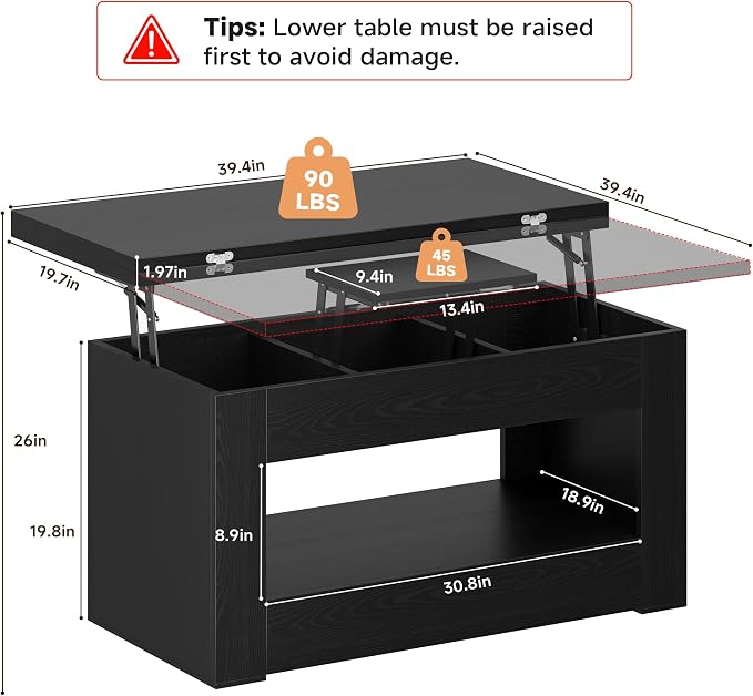 UNIQUITE 40" Lift Top Coffee Table, 4 in 1 Multi-Function Lift Coffee Tables - Image 2