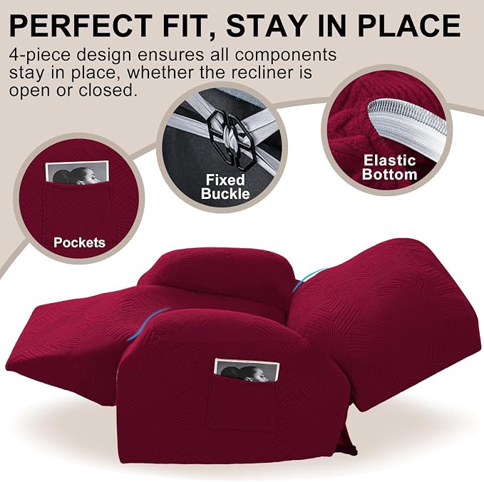 Recliner Chair Covers, 4-Piece Stretch Geometric Strokes Jacquard Reclining - Image 4
