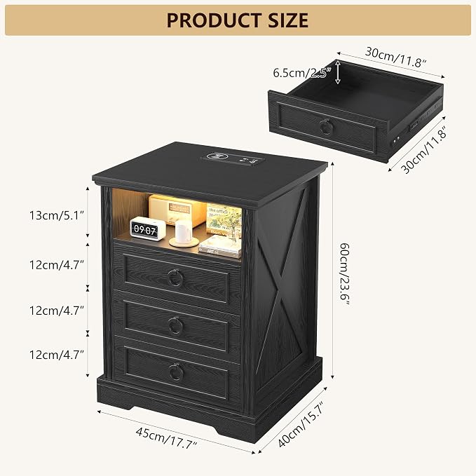 Nightstand Set 2 with Charging Station, Farmhouse End Side Table with 3 Drawers - Image 2