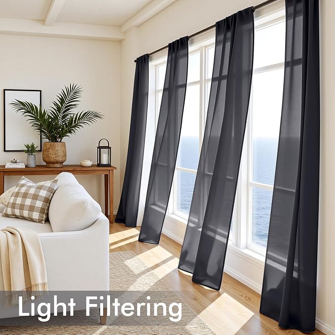 MIULEE Black Sheer Curtains 84 Inches Long, 4 Panels Set, Light Filtering Rod - Image 4
