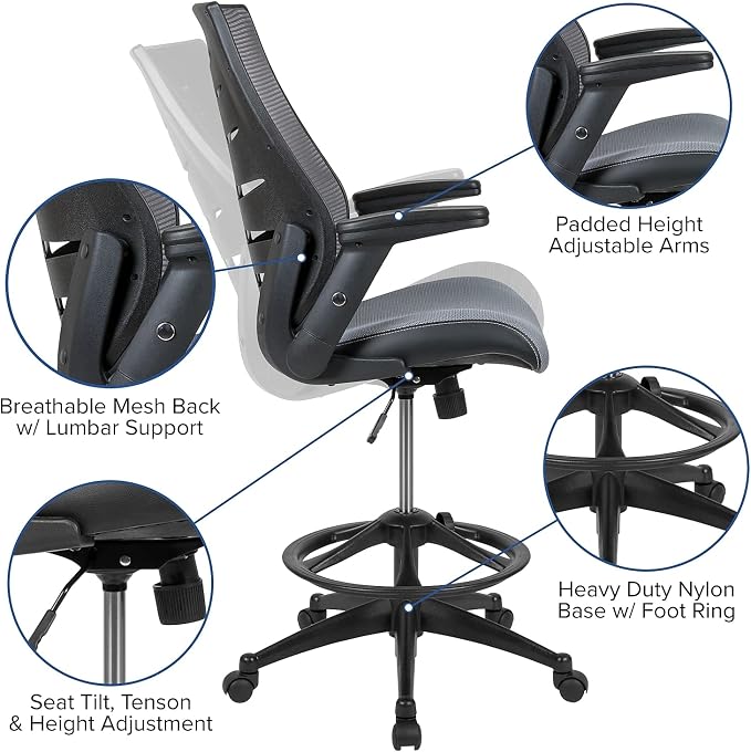 Flash Furniture Kale High Back Dark Gray Mesh Spine-Back Ergonomic Drafting - Image 4