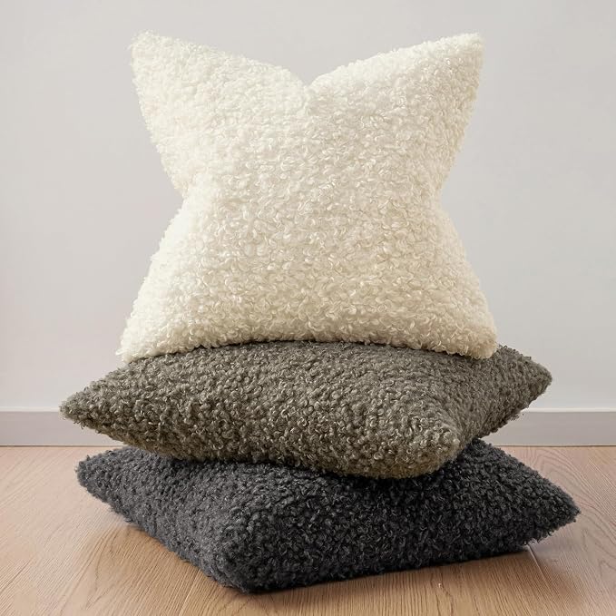 Faux Fur Throw Pillow Covers 18x18 Inch Set of 2 Boucle Neutral Decorative - Image 5