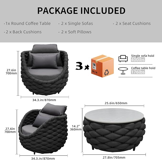 TWT 3 Pieces Aluminum Patio Furniture Set, Hand Woven Polyester Rope Modern - Image 2