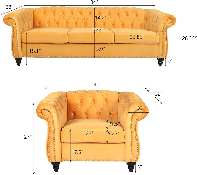RARZOE Modern 2 Pieces Living Room Sofa Set, Contemporary Tufted Button Velvet - Image 2