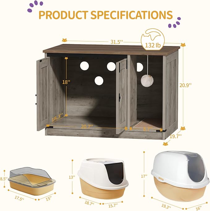 Hzuaneri Cat Litter Box Enclosure, Hidden Litter Box Cabinet Furniture - Image 7