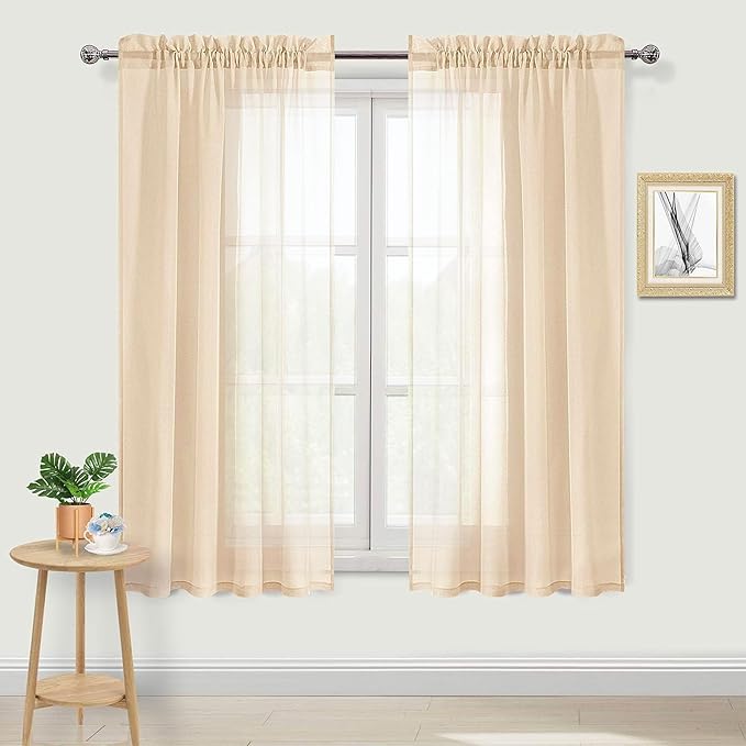 DWCN Beige Sheer Curtains Semi Transparent Voile Rod Pocket Curtains - Image 2
