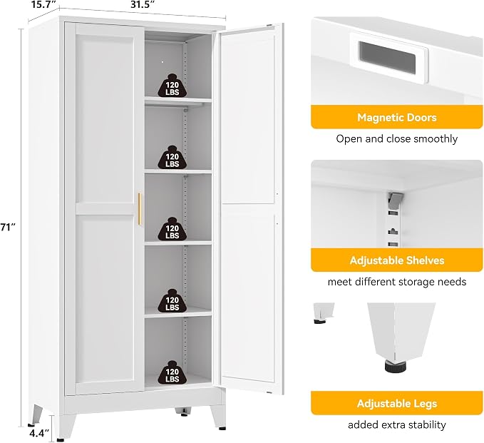 YAUWOH 71''Metal Cabinet with 4 Adjustable Shelves, 5-Tier Pantry Storage - Image 3