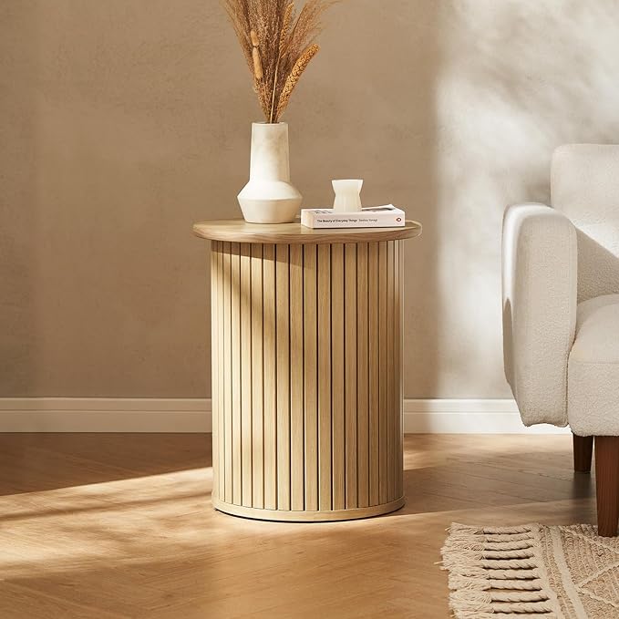 mopio Quin Pedestal Side Table, Tambour Round Fluted End Table, Small Accent by MopioInc