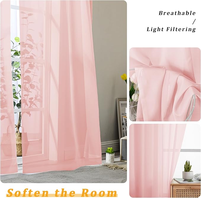 Gwine Blush Pink Sheer Curtains 96 Inches Long 2 Panels, Elegant Window - Image 3