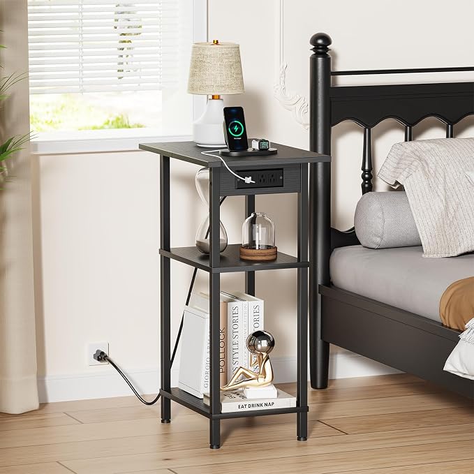 Asgolion Tall End Table with Charging Station, Skinny Nightstand with USB Ports - Image 2