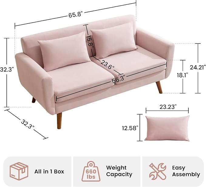 Tbfit 65" W Loveseat Sofa, Velvet Mid Century Modern Love Seat Couches - Image 2