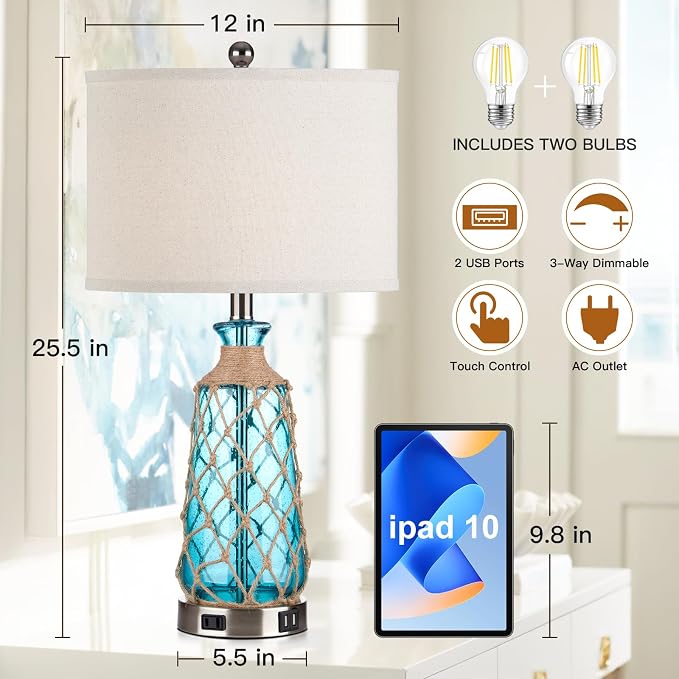 Ruzectt 25.5" Coastal Glass Table Lamps Set of 2, 3-Way Dimmable Touch Control - Image 4