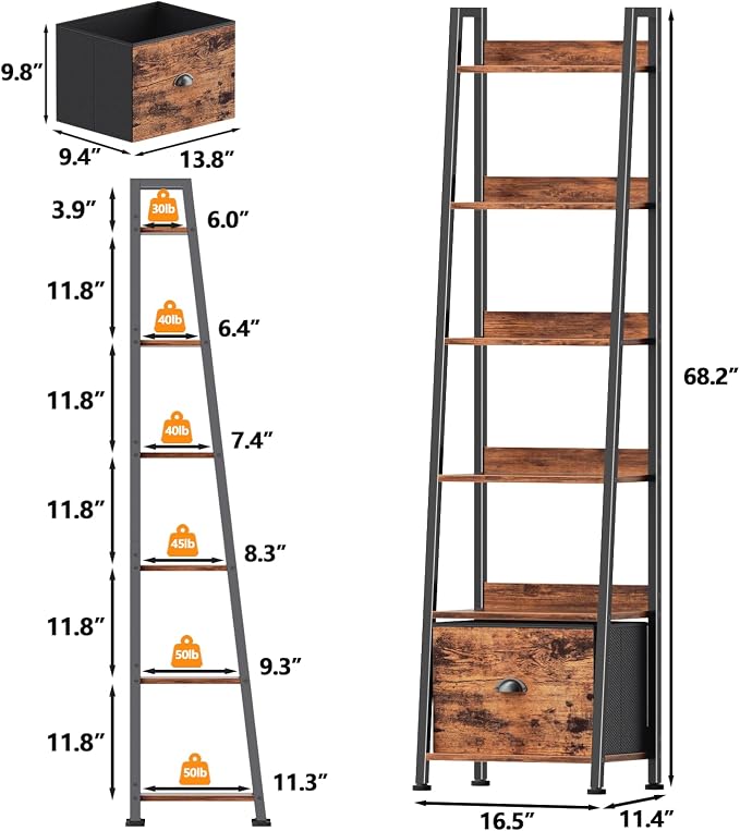 Furologee Bookshelf Set of 2, 6-Tier Ladder Shelf, Ladder Bookshelf - Image 3