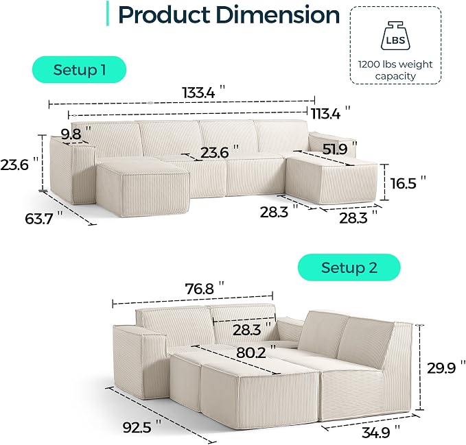 LINSY HOME Modular Sectional Sofa, Corduroy Sectional Cloud Couches - Image 2