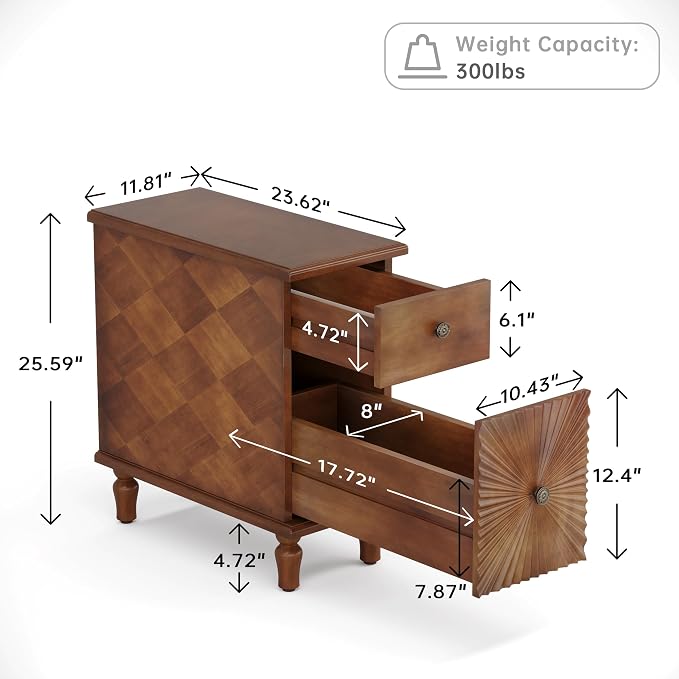 Solid Wood Sunburst End Table, No Assembly Required 2 Drawers Sofa Side Table - Image 2