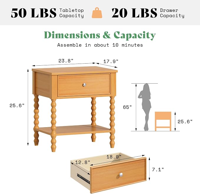AMERLIFE 24" Wood Nightstand Set of 2, Vintage Bedside Table - Image 2