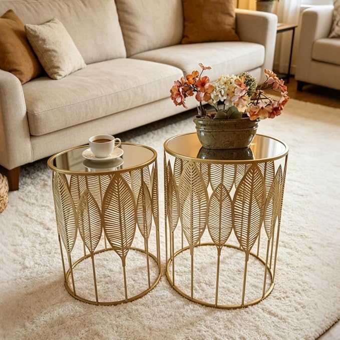 Homebeez Gold Nesting Tables Set of 2, Glam Leaf Design Round End Table - Image 2