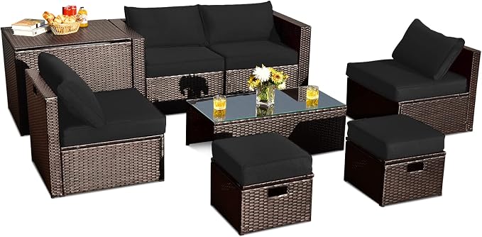 Tangkula 8 Piece Patio Furniture Set, Patiojoy Outdoor Space Saving PE Rattan by TANGKULA