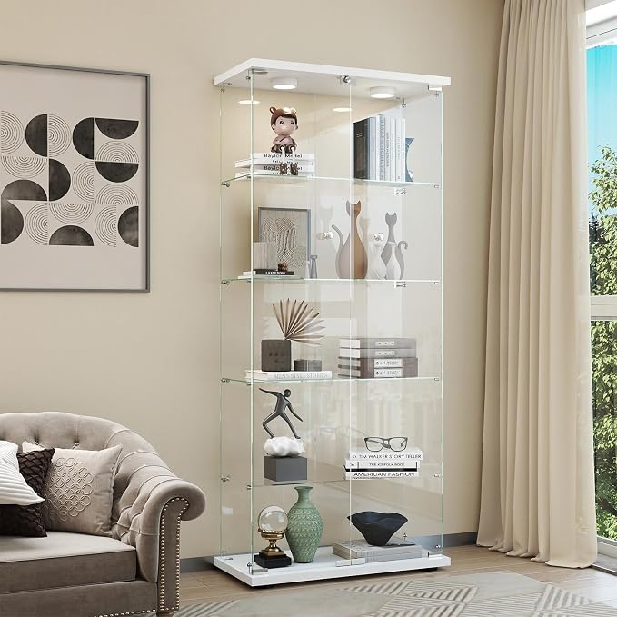 Display Cabinet with Glass Door and Lock, LED Lights 5-Shelf Curio Cabinets - Image 7