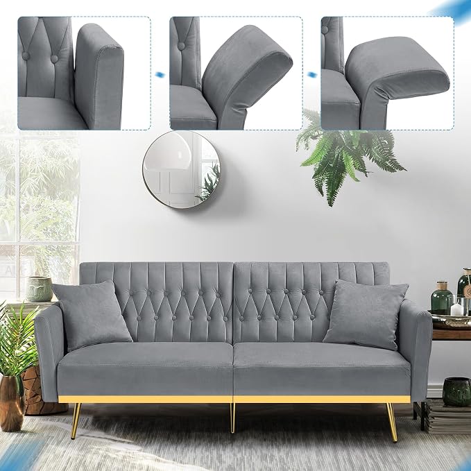 70” Velvet Futon Sofa Bed with 2 Pillows and Adjustable Armrests, Convertible - Image 6