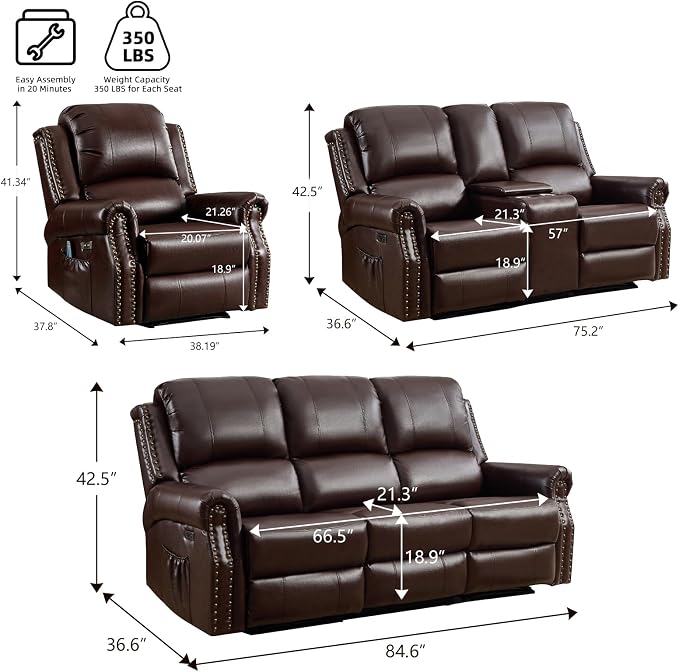 EBELLO Faux Leather Power Recliner Sofa Furniture Set, Included Electric - Image 2