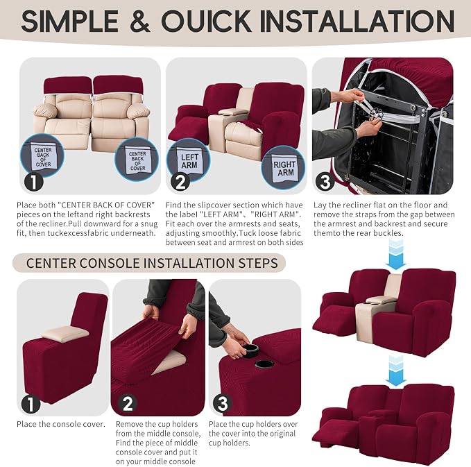 Recliner Loveseat Covers with Console, 6-Piece Stretch Geometric Strokes - Image 8