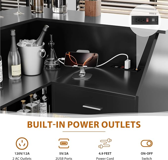 L-Shaped Home Bar Unit with Power Outlet, 4-Tier Corner Liquor Bar Cabinet with - Image 5