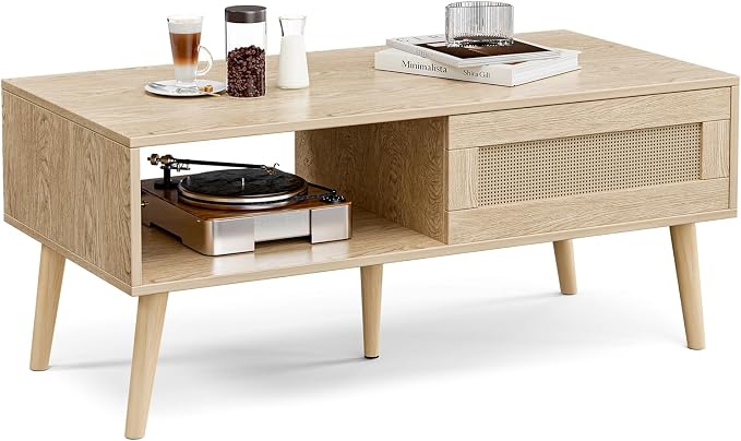 ZttRiee Wood Coffee Table with Storage, Boho Dining Table with Sliding Rattan - Image 5