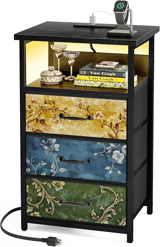 Fixwal Night Stand with Charging Station, LED Nightstand with U-S-B Ports and by Fixwal