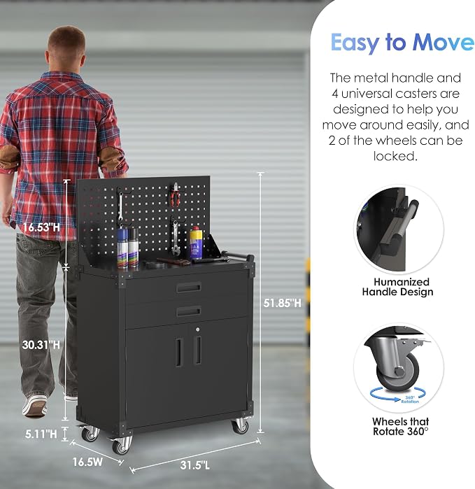 SUXXAN Black Tool Cart with Pegboard and 4 Hooks, Garage Storage Cabinet on - Image 3