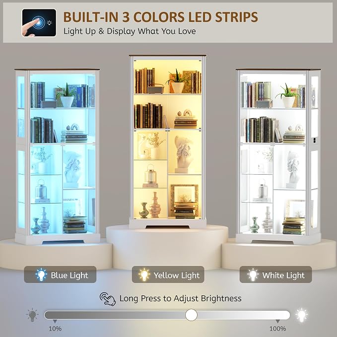 71” Display Cabinet with Glass Doors, Modern Curio Cabinet with 3 Color Lights - Image 3