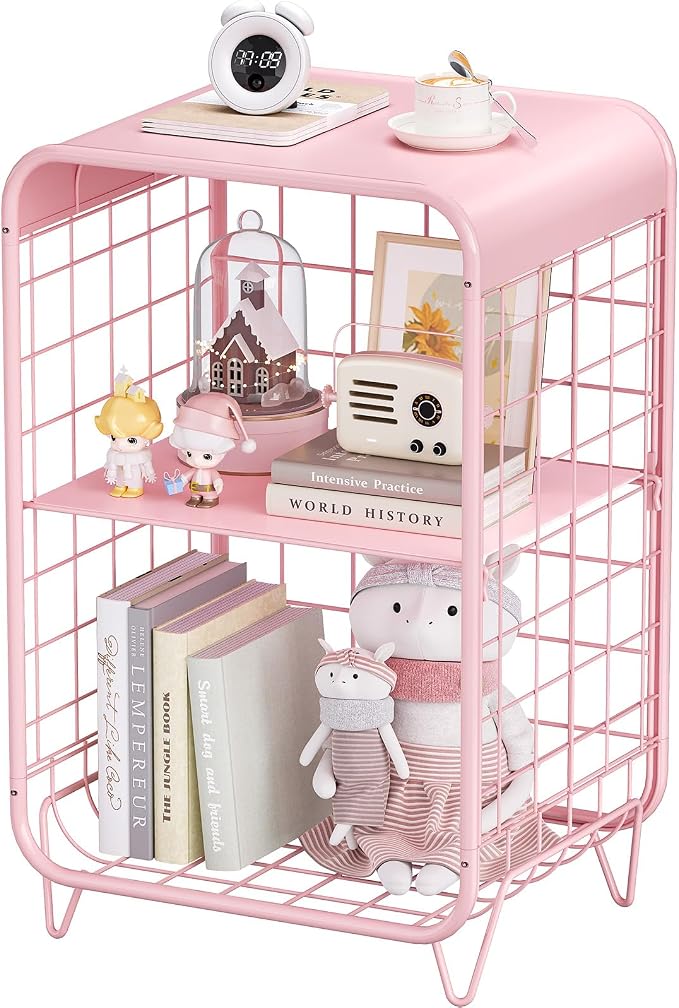 APEXCHASER Cute Kids Pink Nightstand, Metal Side Table, 3 Tier End Table by APEXCHASER