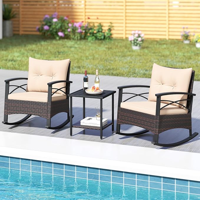 Tangkula 3 Pieces Outdoor Rocking Chairs Set, Rattan Heavy Duty Cushioned - Image 3